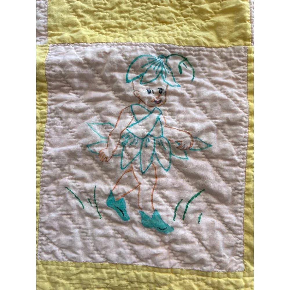 Vintage Fairy Elf Baby Blanket Quilt Hand Drawn Handmade Yellow Flaws READ